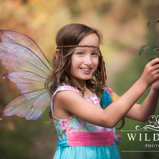 Outdoor autumn Fairy Photo Shoot. Blue dress and fairy wings